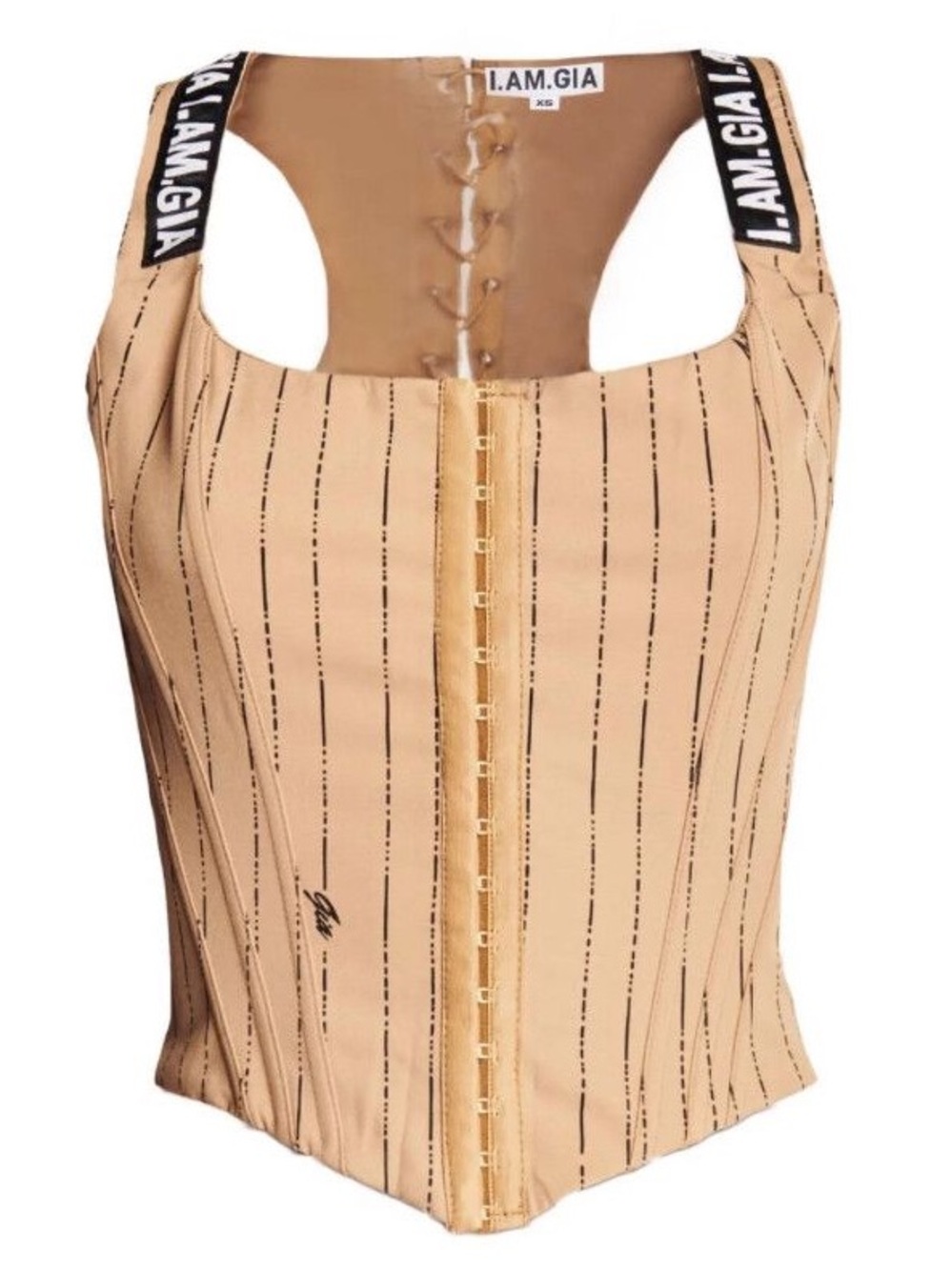 I.AM.GIA Tan Pinstripe Corset Tank with Branded Straps